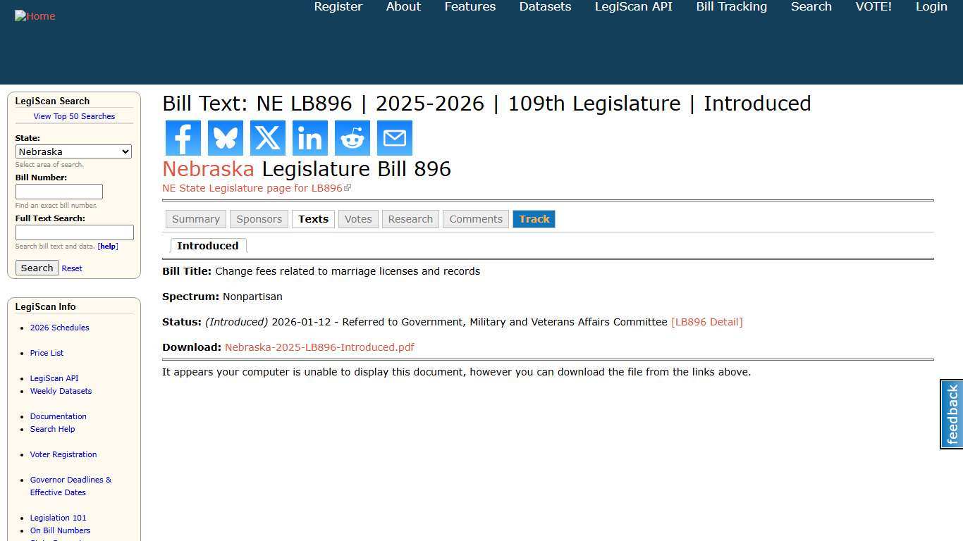 Bill Text: NE LB896 2025-2026 109th Legislature Introduced LegiScan